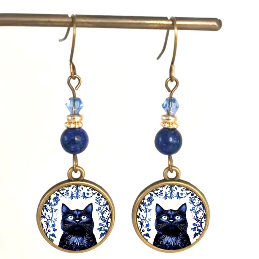 Blue Black Cat Dangle Earrings - Artistic Cat Portrait Earrings